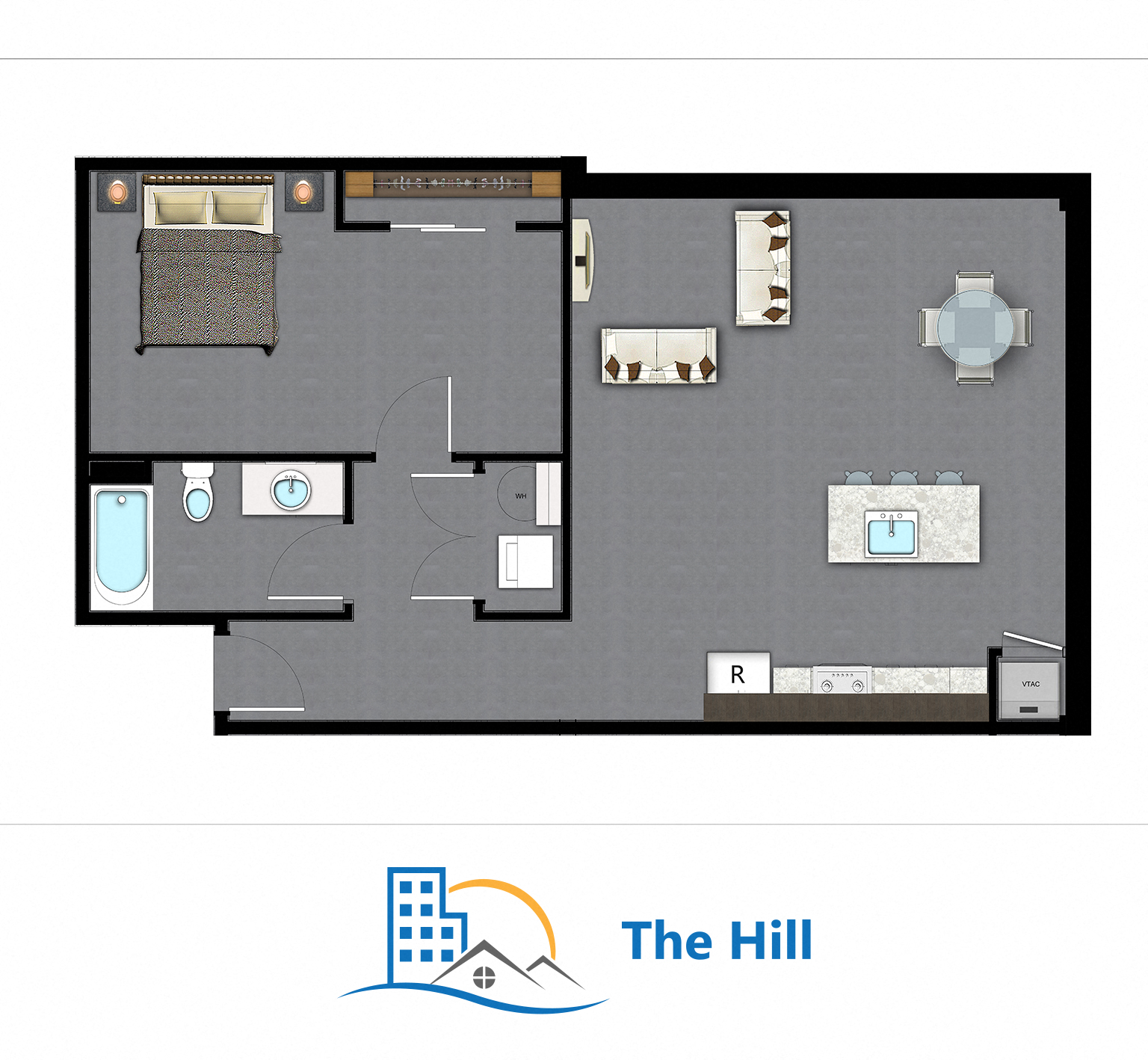 Floor plan for 1 bed, 1 bath, 803 sqft